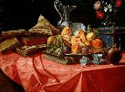 Cristoforo Munari vasetto di fiori e teiera su tavolo coperto da tovaglia rossa USA oil painting artist